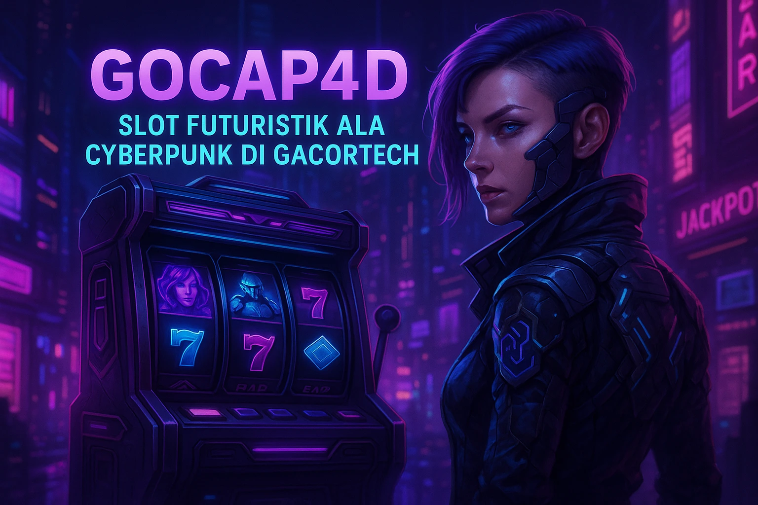 Ilustrasi slot cyberpunk futuristik Gocap4d di dunia neon GacorTech